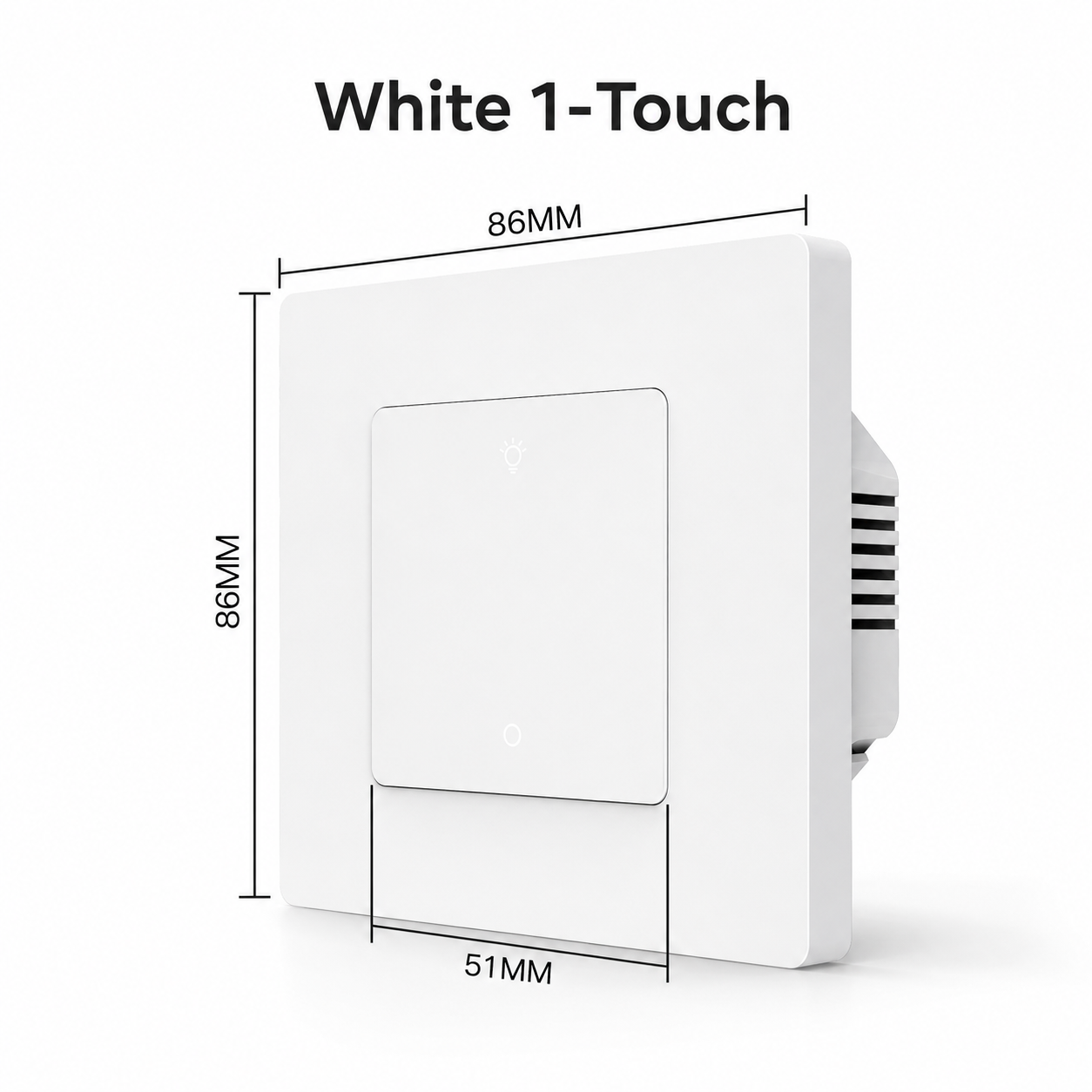 White one touch Zigbee wall dimmer switch variant with dimensions
