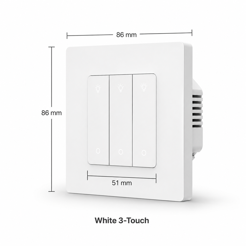 White three touch Zigbee wall dimmer switch variant with dimensions
