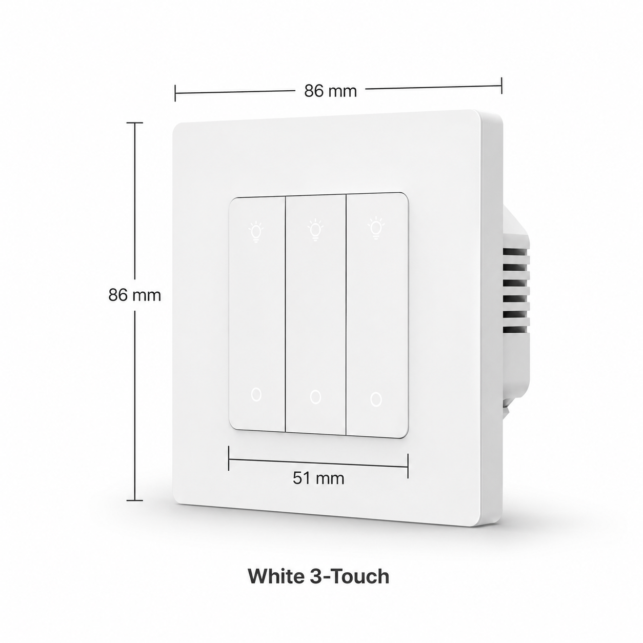 White three touch Zigbee wall dimmer switch variant with dimensions