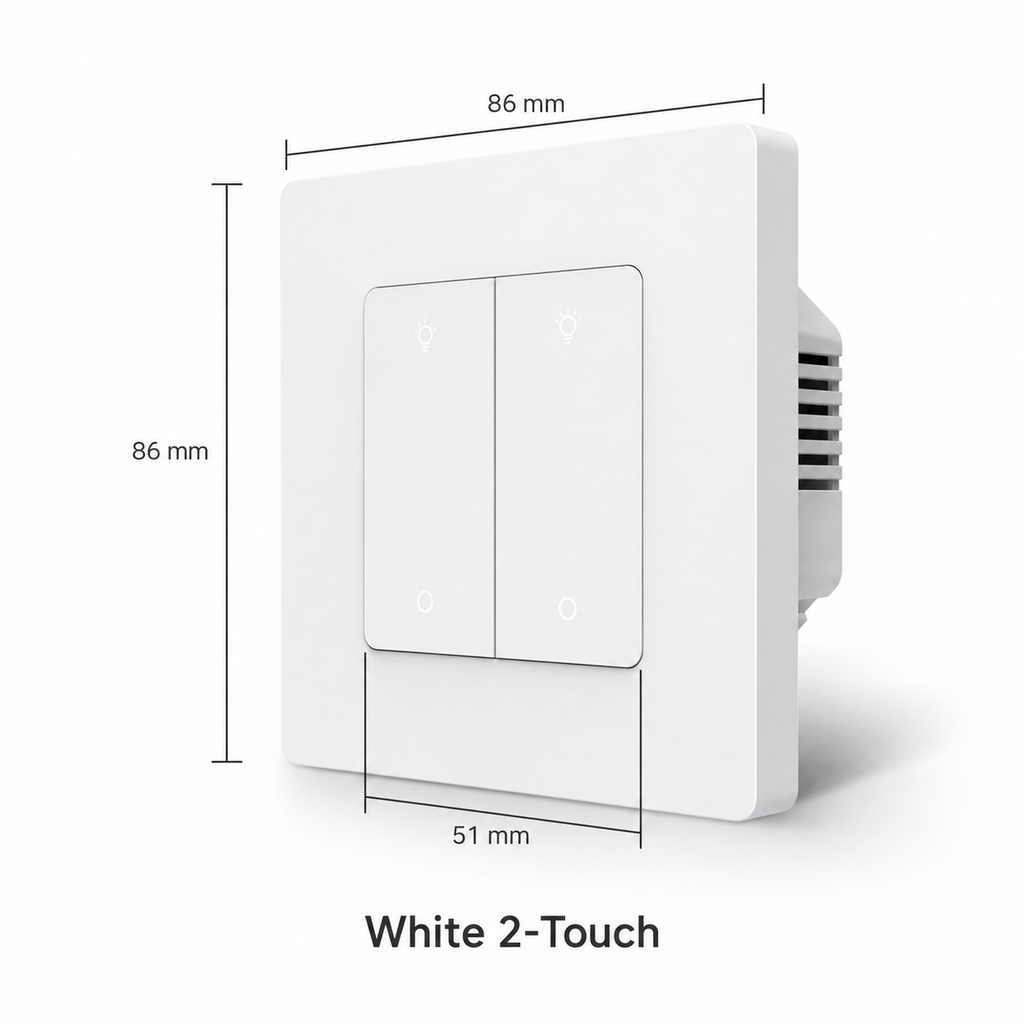 White two touch Zigbee wall dimmer switch variant with dimensions