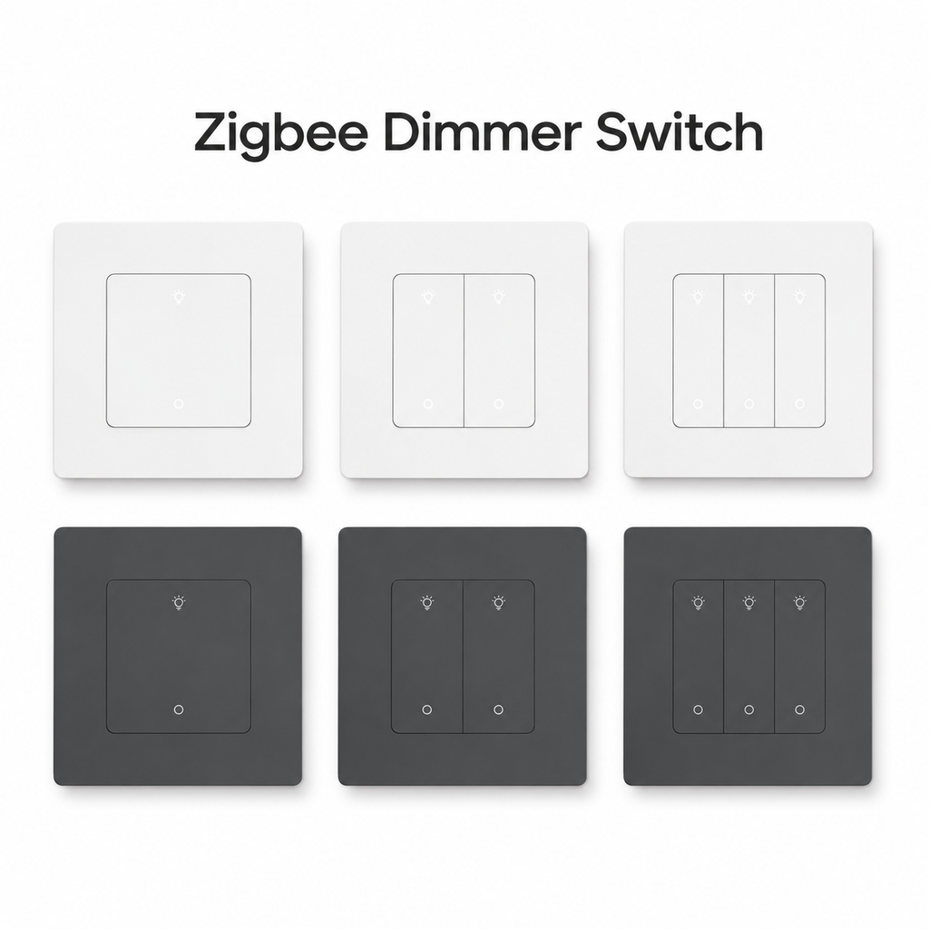 Studio packshot of Zigbee wall dimmer switch in white and grey variants
