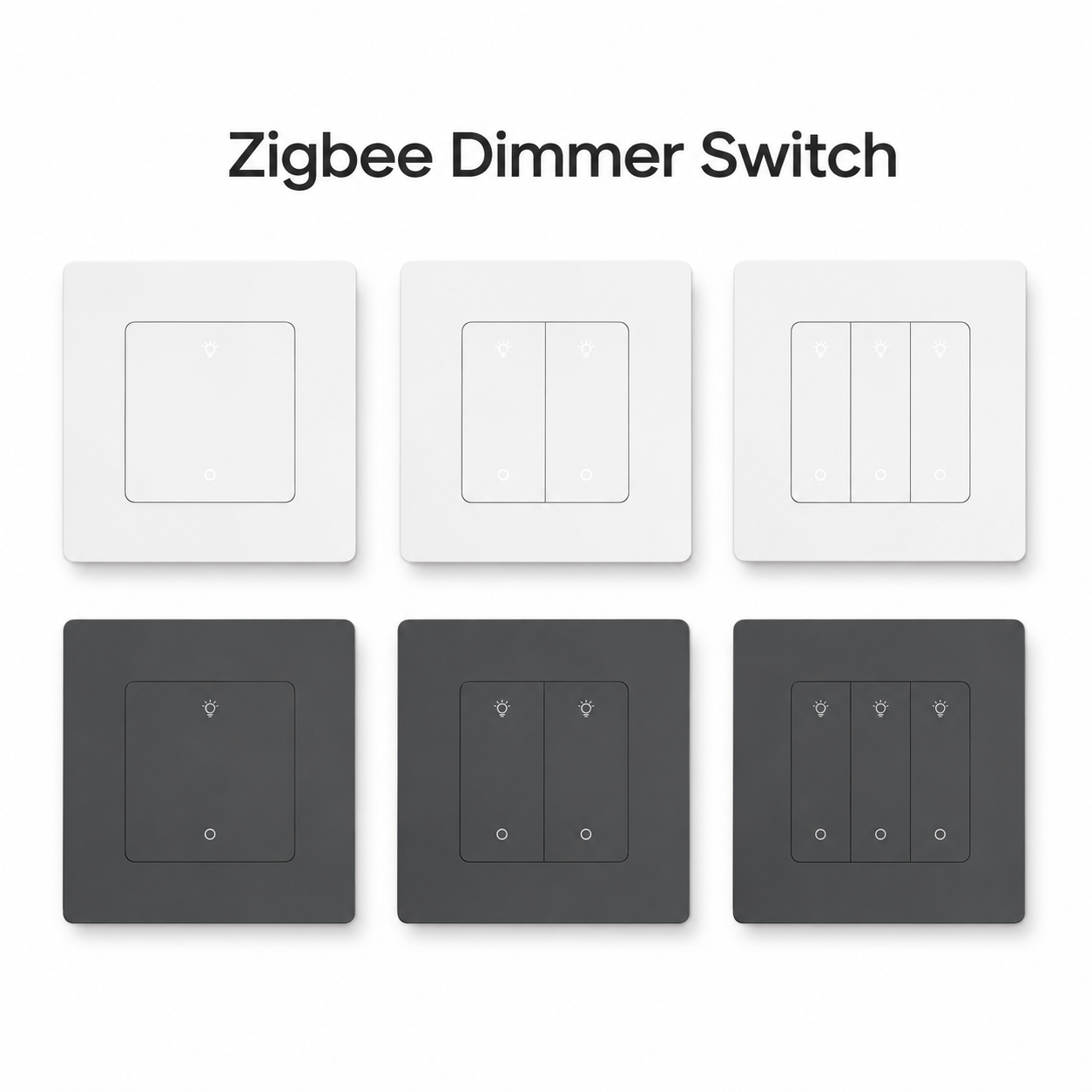 Studio packshot of Zigbee wall dimmer switch in white and grey variants