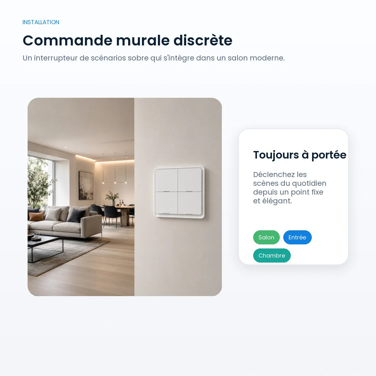 Commande murale NéoScene Comfort installée dans un salon moderne.