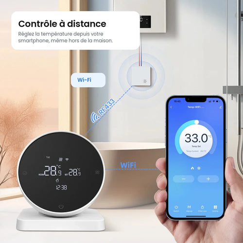 Thermostat NéoAir RF Essential contrôlé depuis une application mobile.