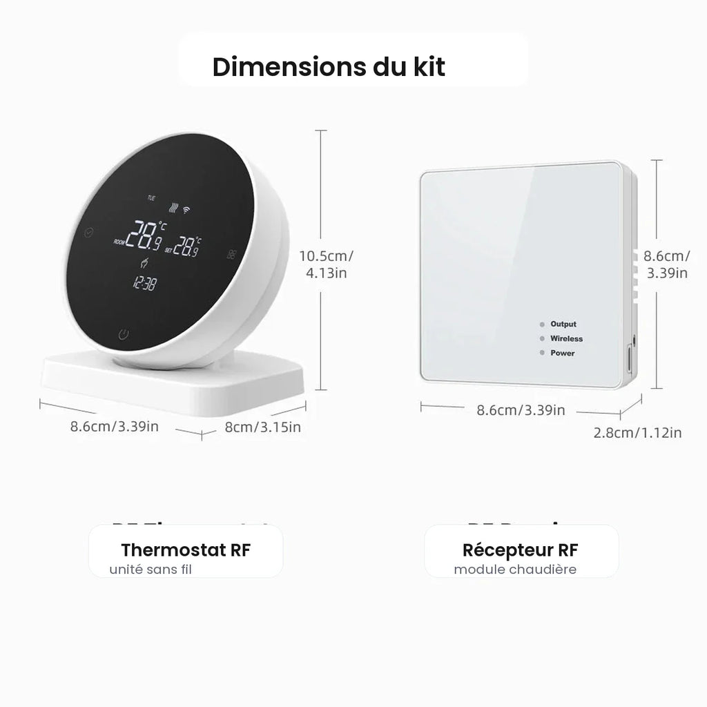 Dimensions du thermostat sans fil et du récepteur NéoAir RF Essential.