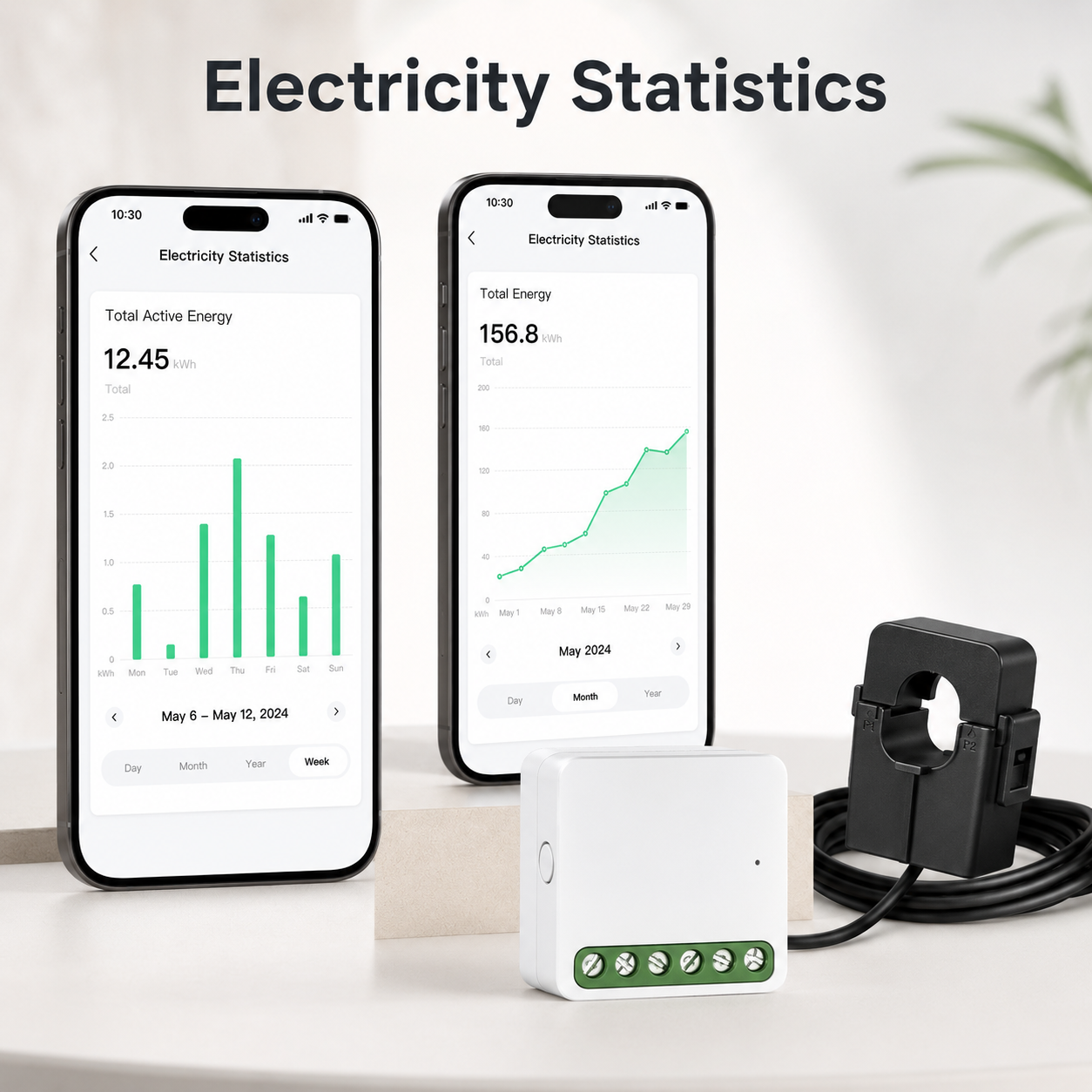 Electricity statistics app screens for energy monitoring