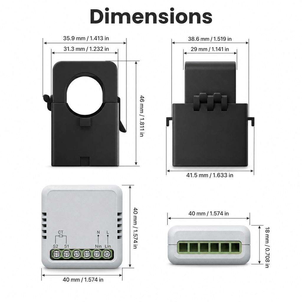 Product dimensions diagram for energy meter and clamp