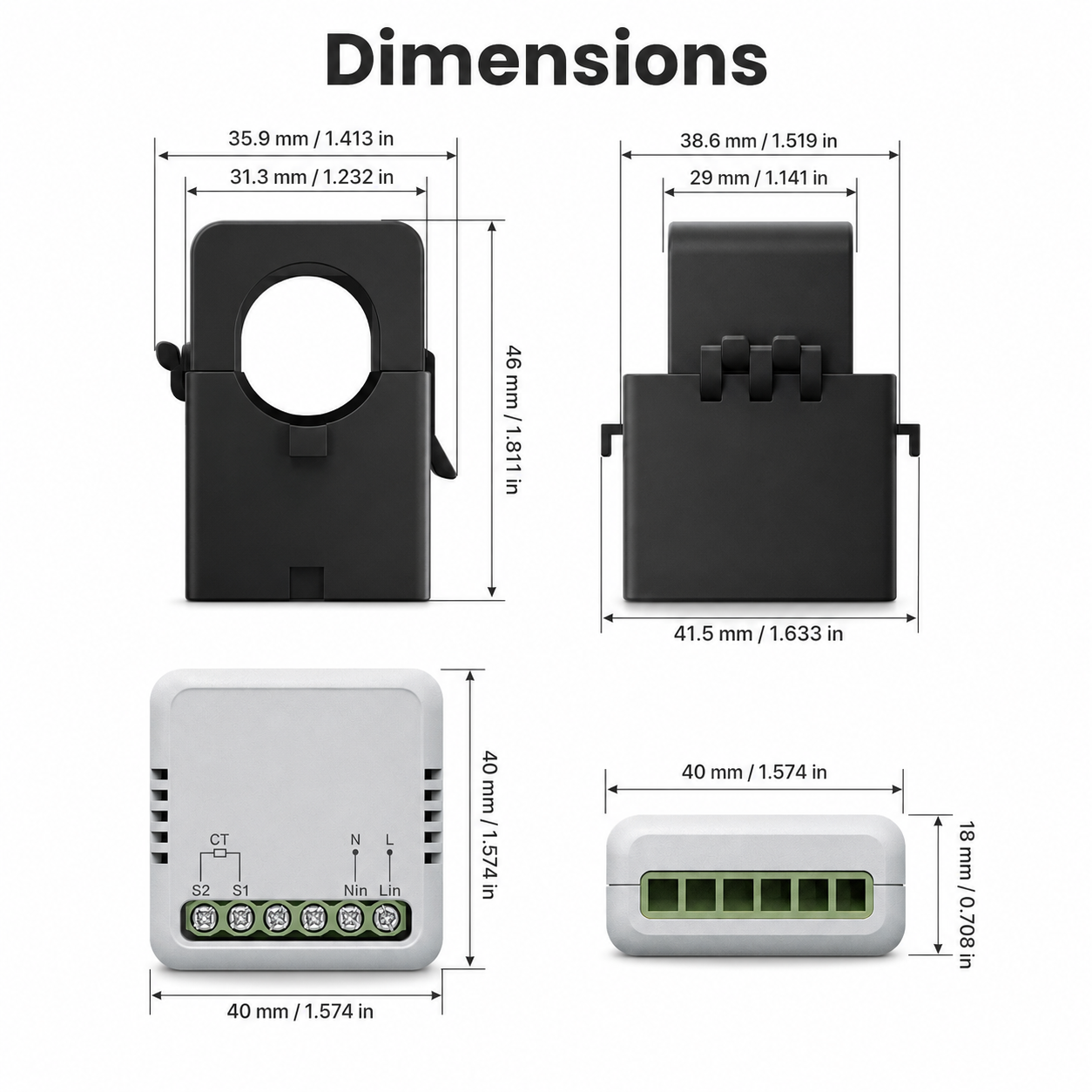 Product dimensions diagram for energy meter and clamp