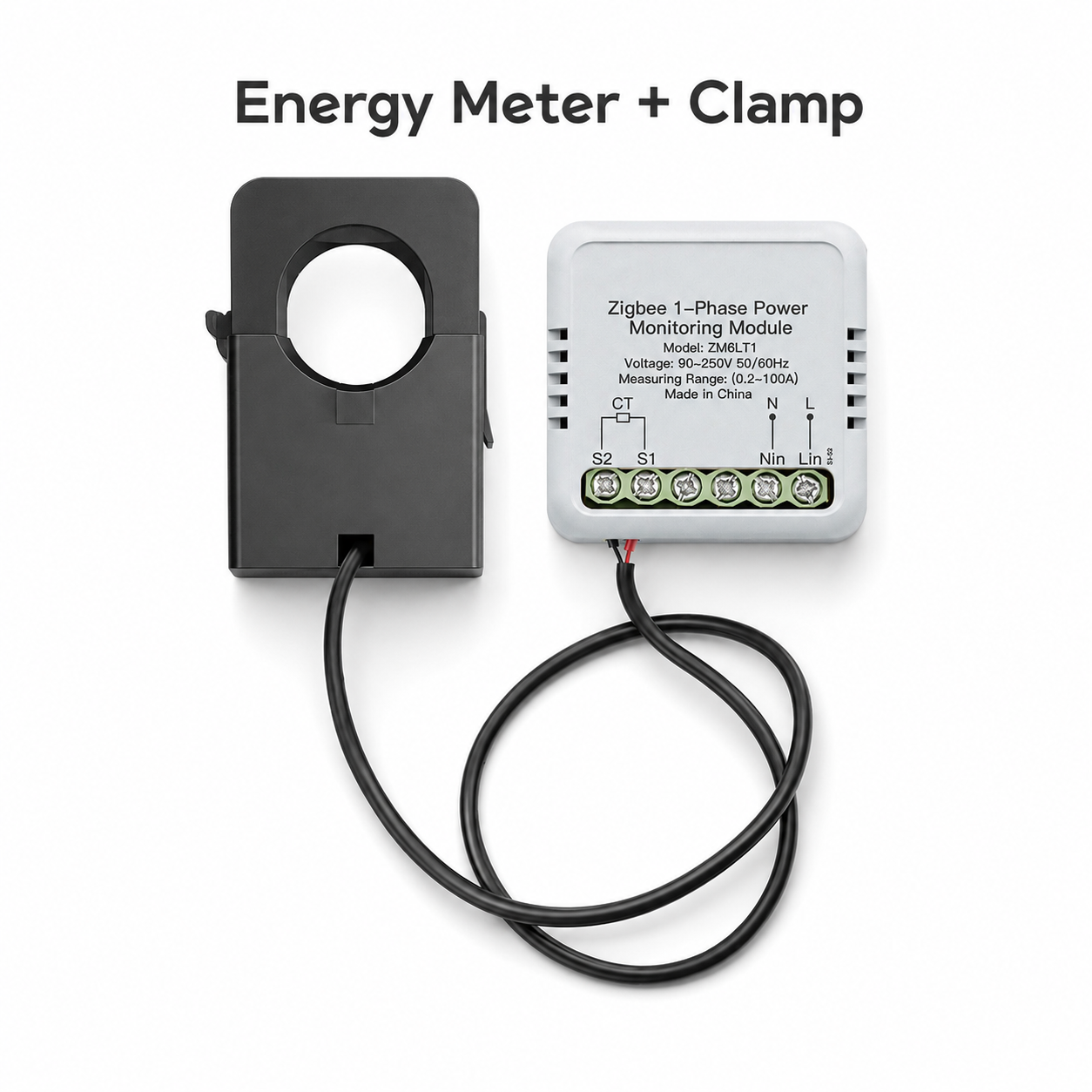 Studio packshot of energy meter module with clamp transformer
