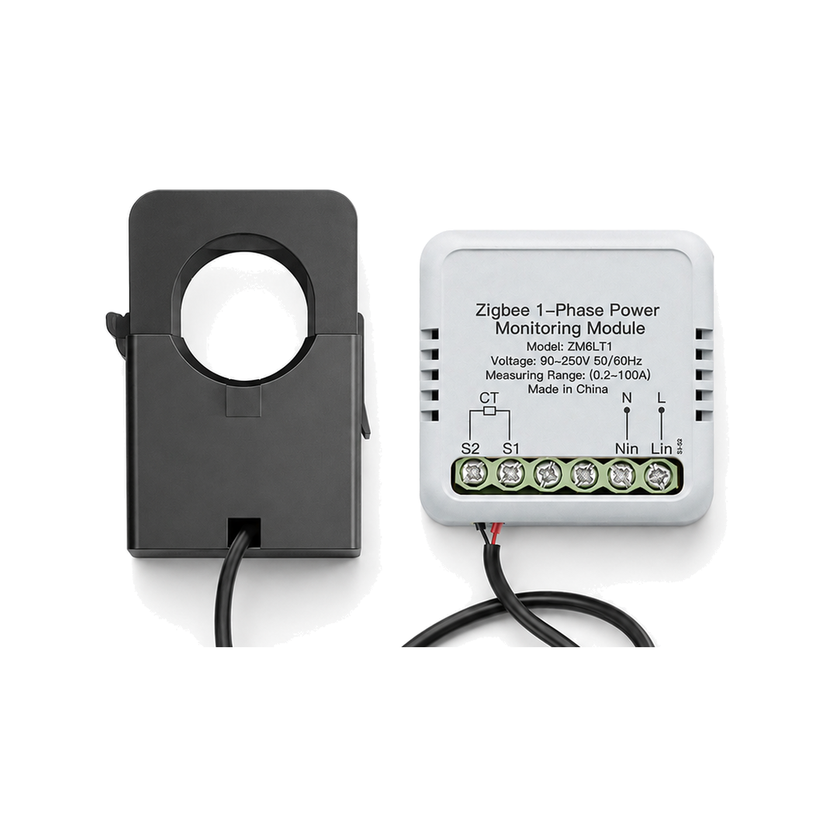 D?tail du compteur ?nergie ZigBee 100A Neoenergy avec bornes et pince sur fond blanc