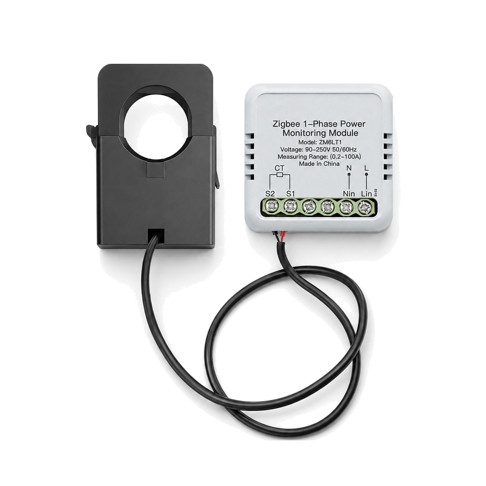 Module compteur ?nergie ZigBee 100A Neoenergy et pince de mesure sur fond blanc