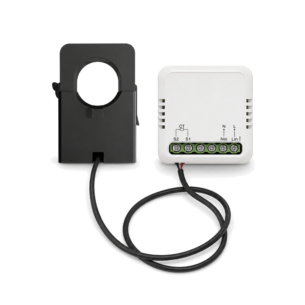 Compteur ?nergie ZigBee 100A Neoenergy avec pince amp?rem?trique sur fond blanc