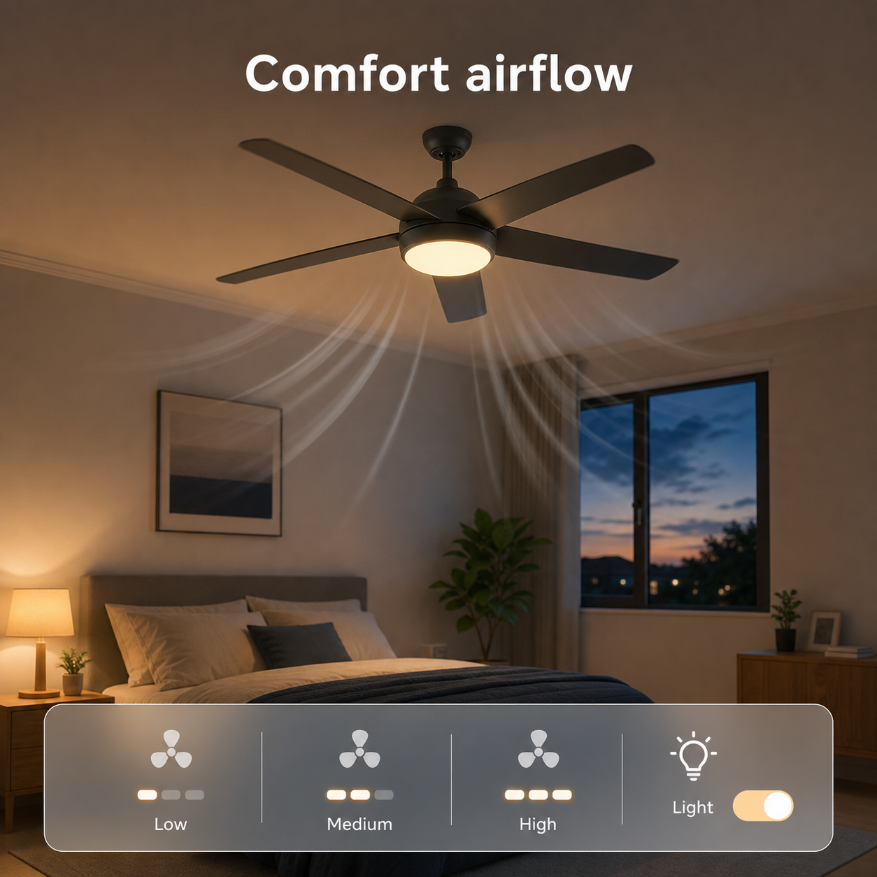 Comfort airflow control for ceiling fan with warm night light scene
