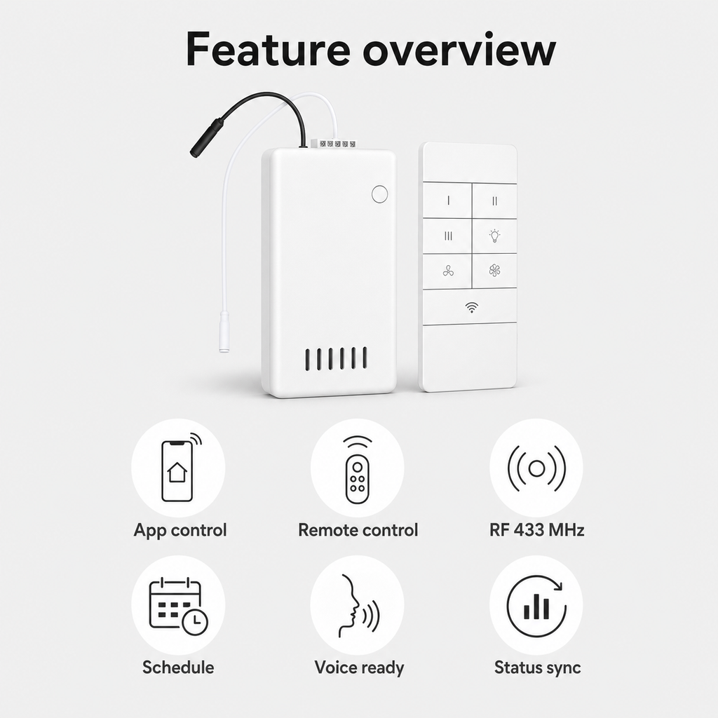 Feature overview for Wi-Fi fan and light controller with app, remote and RF control