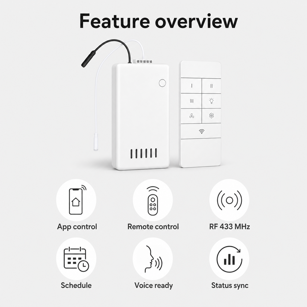 Feature overview for Wi-Fi fan and light controller with app, remote and RF control