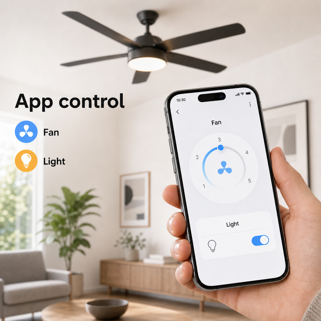 App control for ceiling fan and light in a modern room