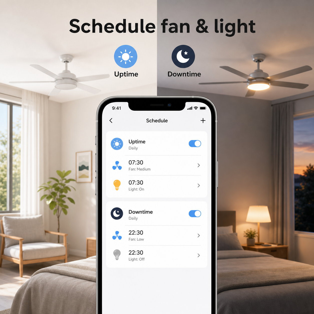 Schedule screen for fan and light uptime and downtime control