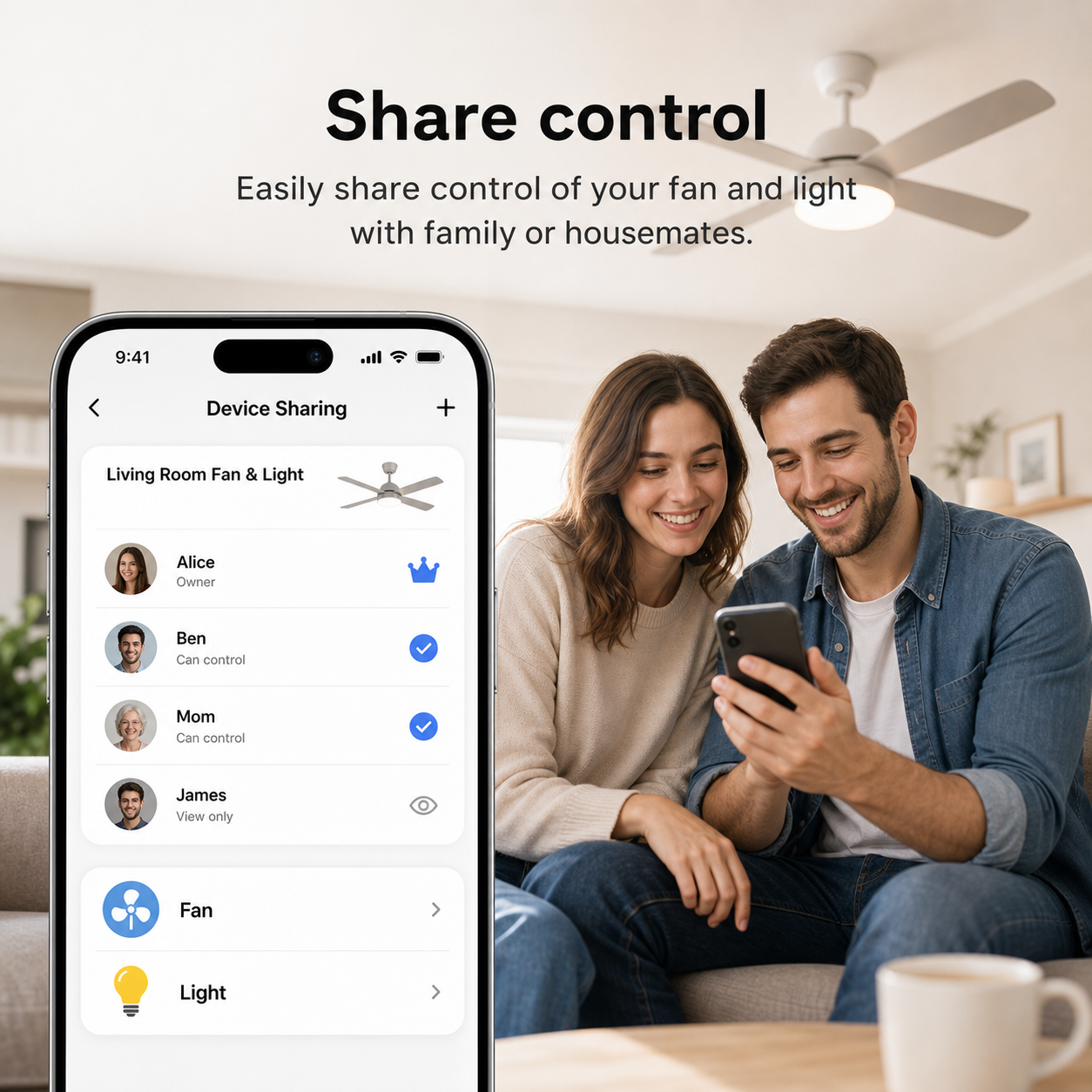 Shared app control for fan and light between family members