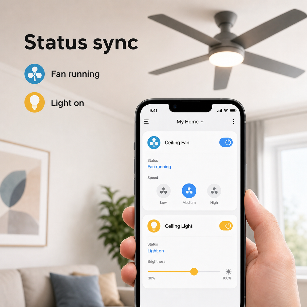 Status sync screen showing fan running and light on