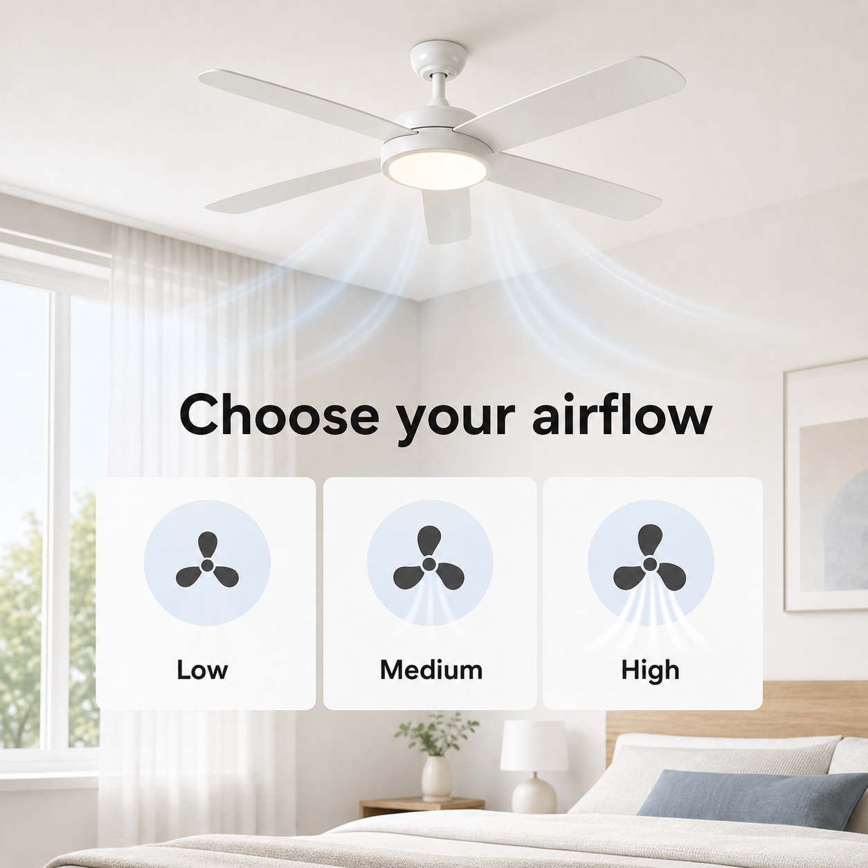 Three airflow levels for ceiling fan control: low, medium and high