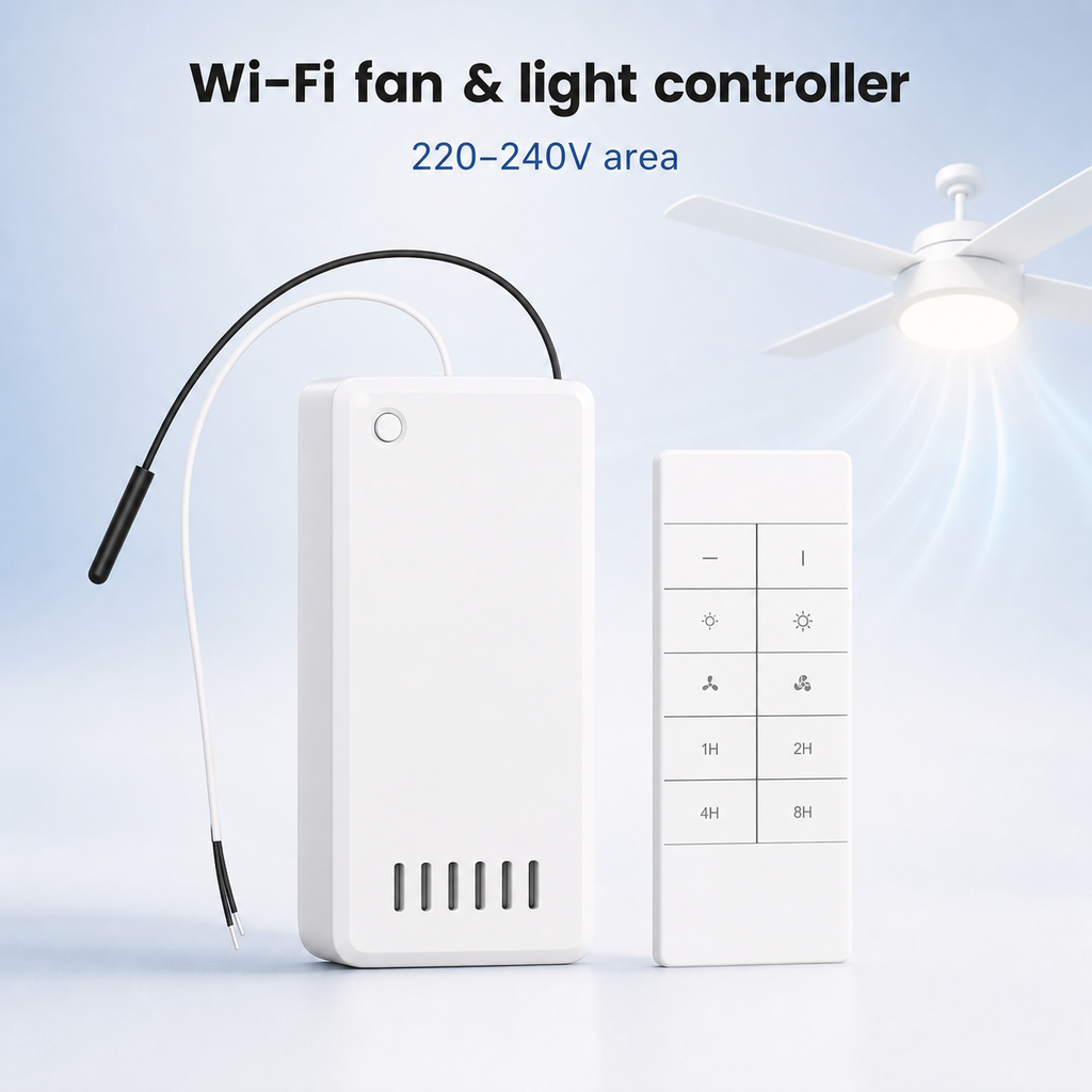 Studio packshot of Wi-Fi fan and light controller kit with remote