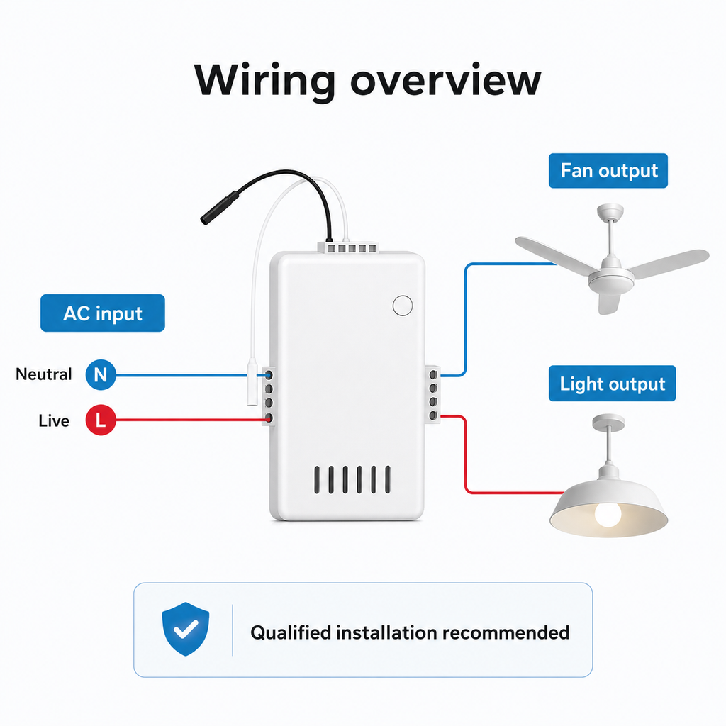 Simplified wiring overview for AC input, fan output and light output
