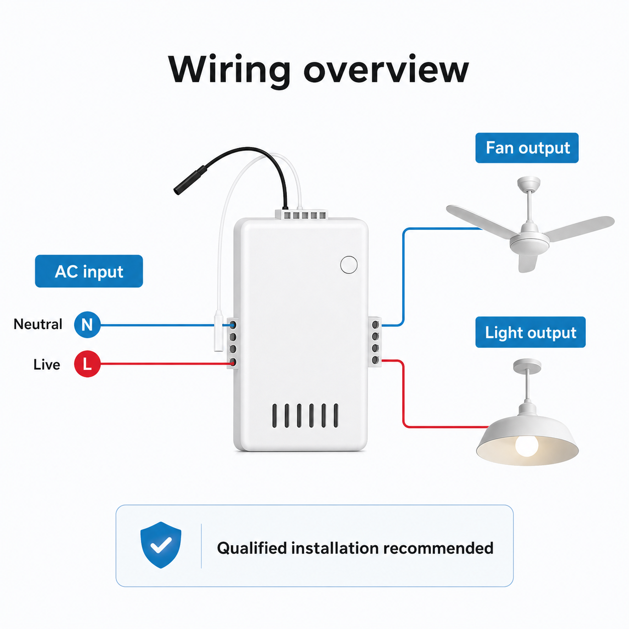 Simplified wiring overview for AC input, fan output and light output