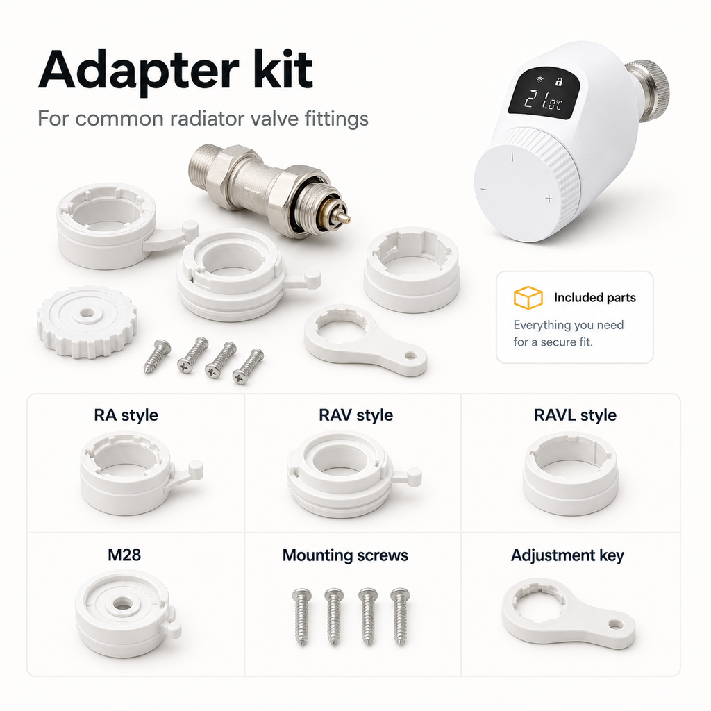 Adapter kit compatibility graphic with radiator valve adapters and mounting screws