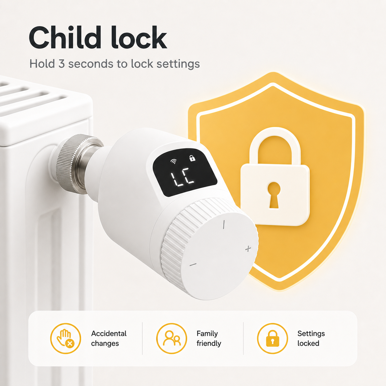 Child lock setting graphic for NéoForce thermostatic radiator valve