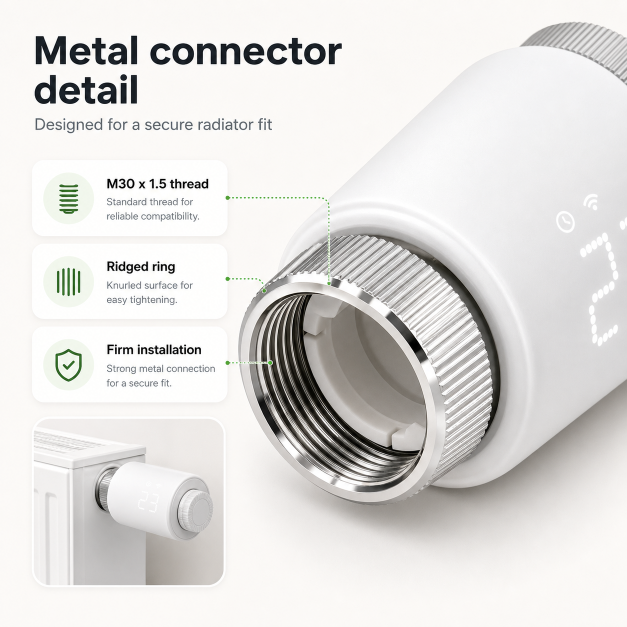 Metal M30 connector detail for NéoForce thermostatic radiator valve