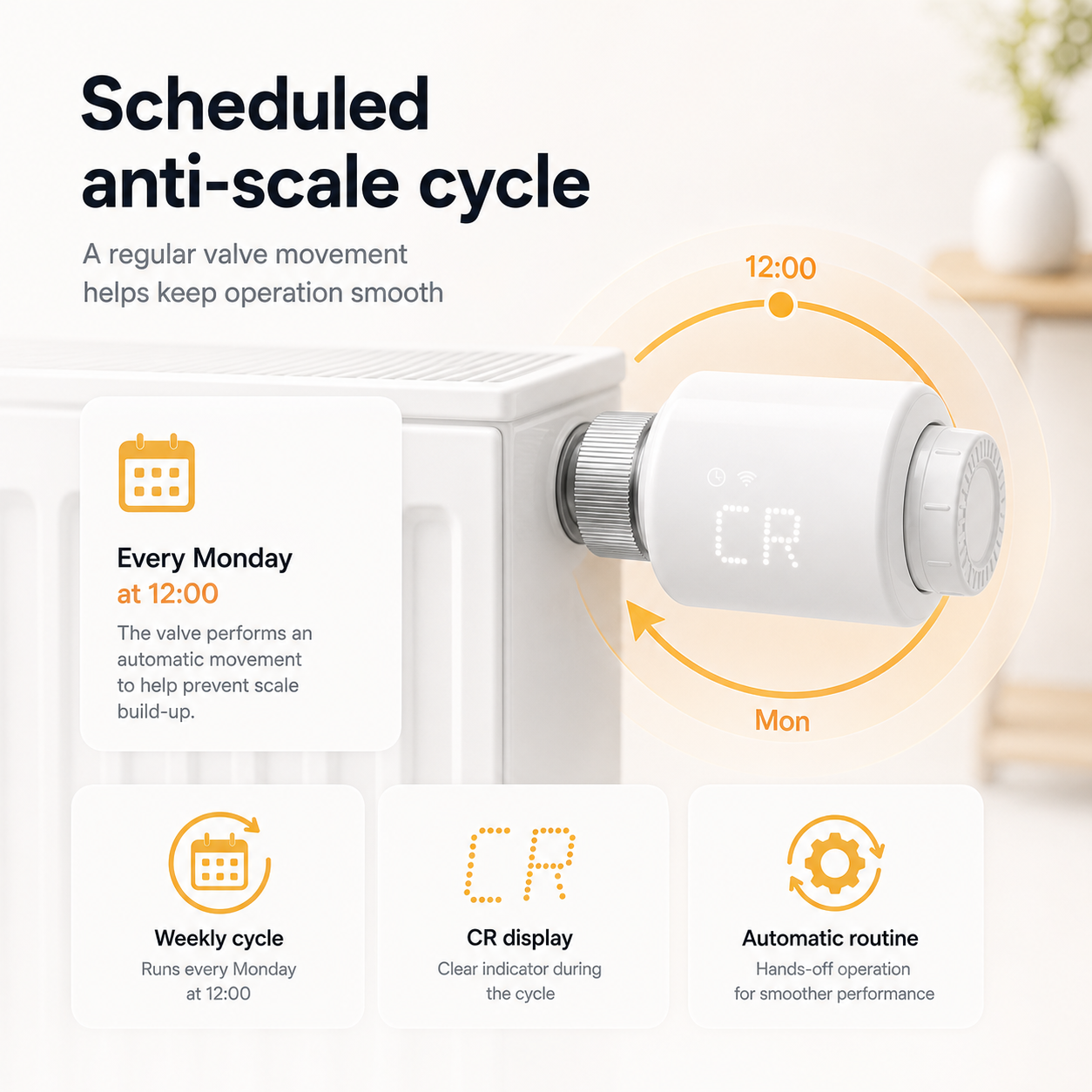 Scheduled anti-scale cycle graphic for NéoForce thermostatic radiator valve
