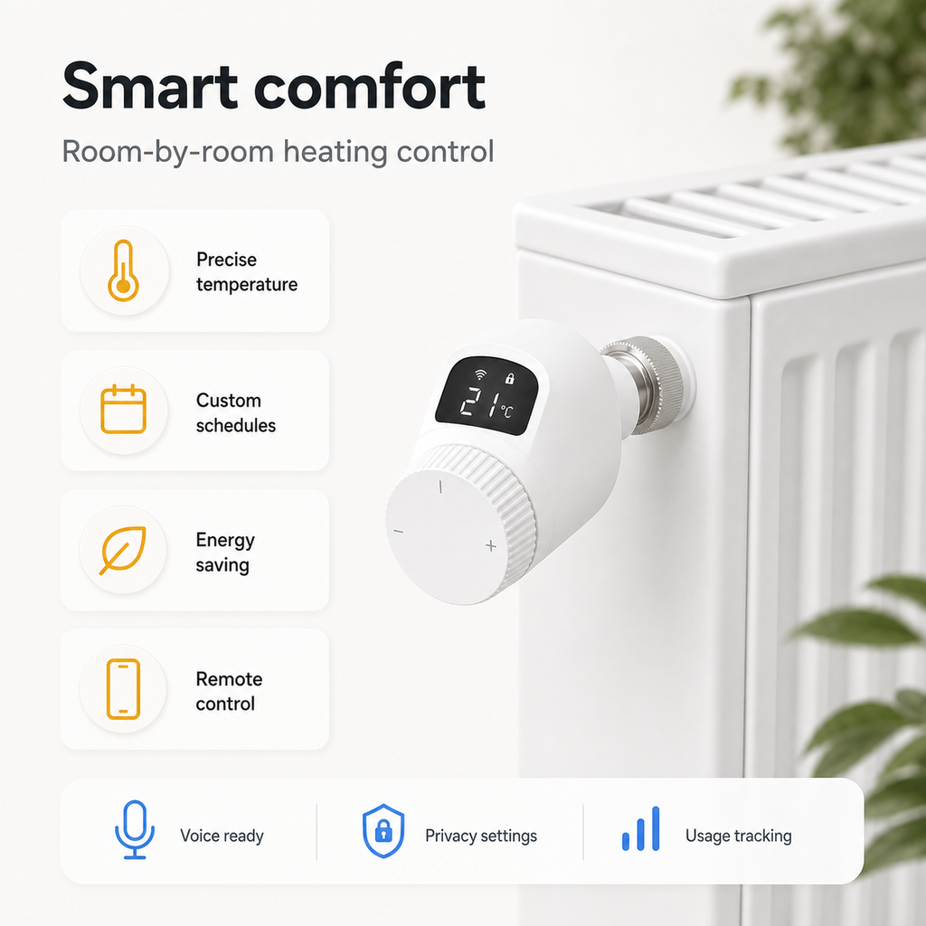 Smart room comfort graphic with NéoForce radiator valve installed