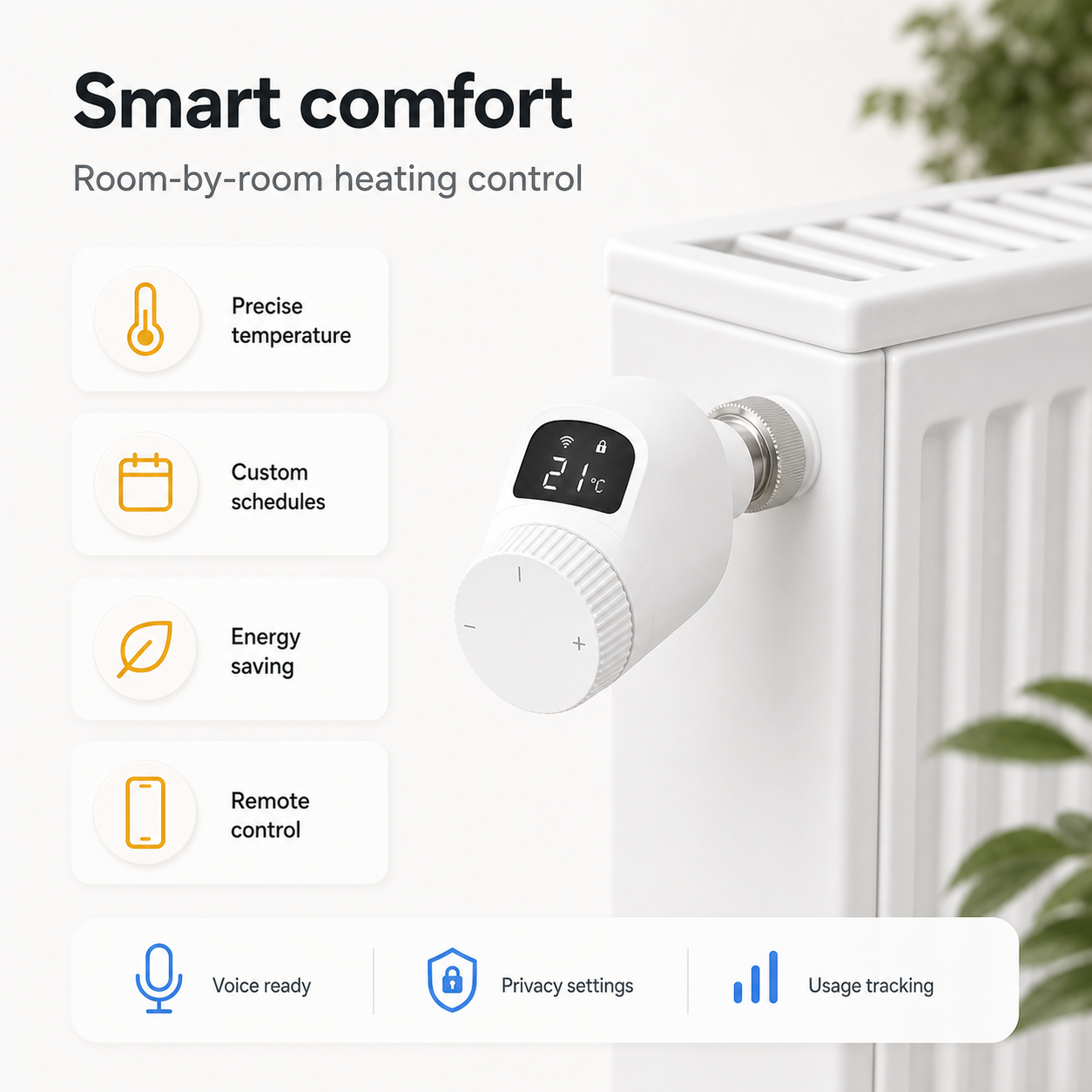 Smart room comfort graphic with NéoForce radiator valve installed