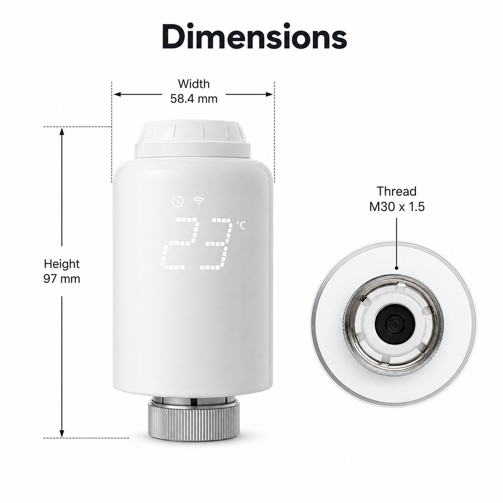 Dimension diagram for NéoForce thermostatic radiator valve with M30 x 1.5 thread