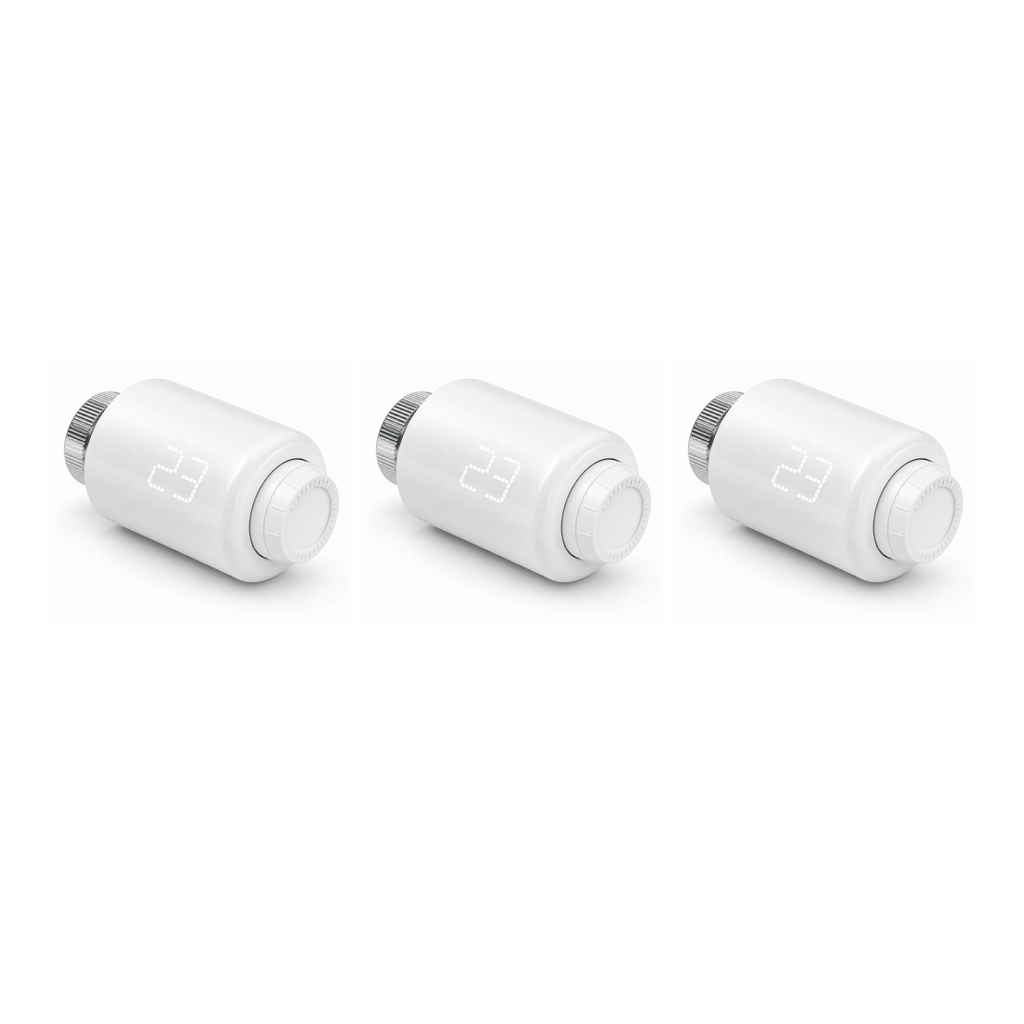 Pack de 3 vannes thermostatiques NéoForce Comfort blanc pur sur fond studio blanc