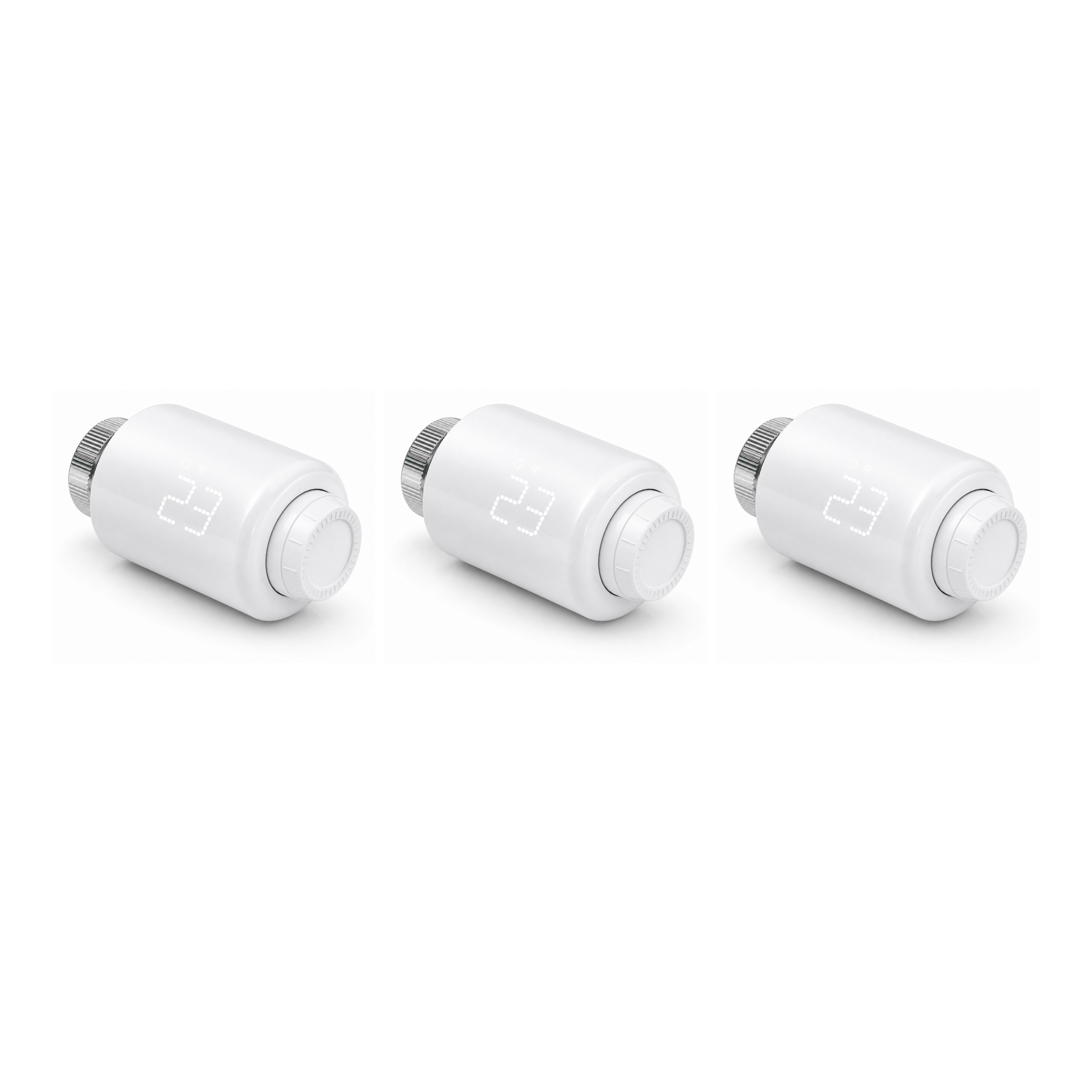 Pack de 3 vannes thermostatiques NéoForce Comfort blanc pur sur fond studio blanc