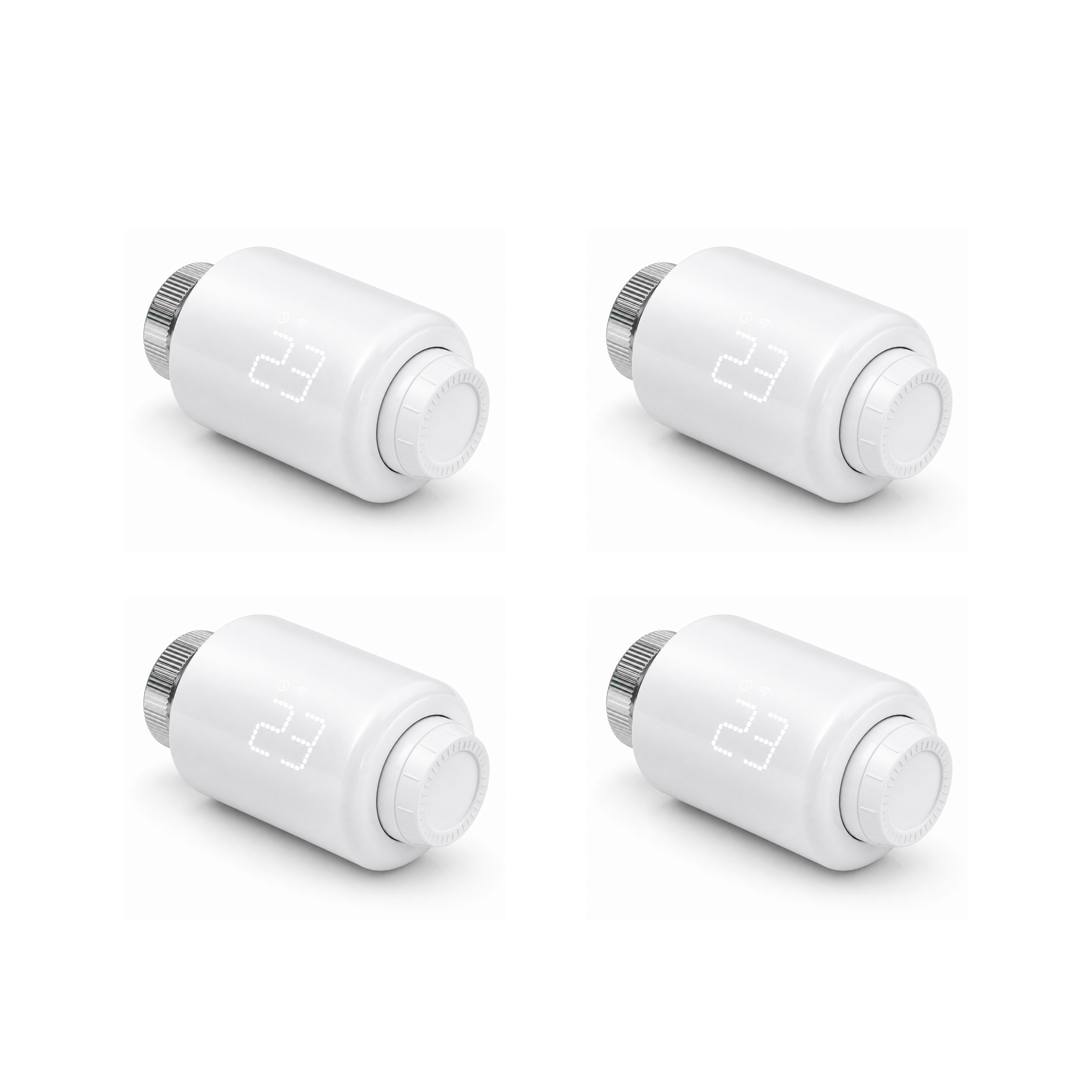Pack de 4 vannes thermostatiques NéoForce Comfort blanc pur sur fond studio blanc