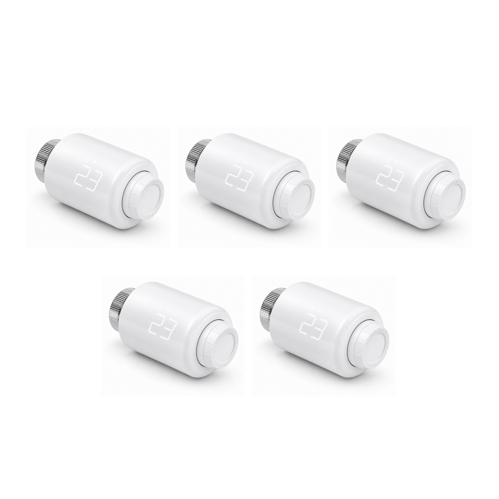 Pack de 5 vannes thermostatiques NéoForce Comfort blanc pur sur fond studio blanc