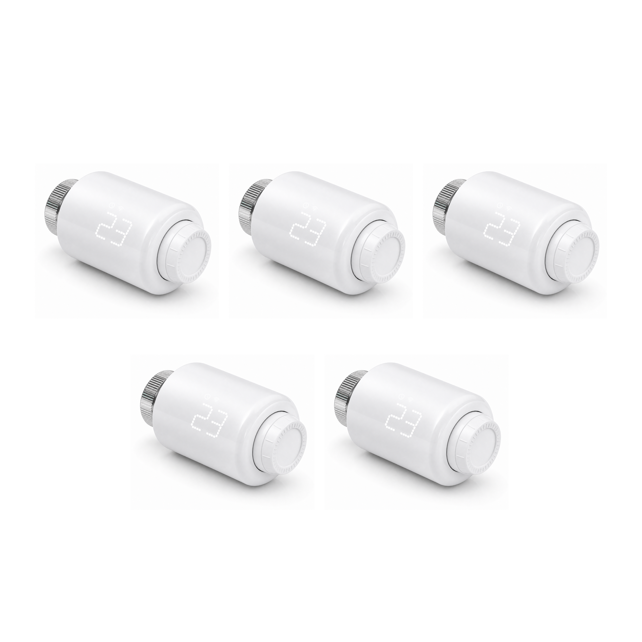Pack de 5 vannes thermostatiques NéoForce Comfort blanc pur sur fond studio blanc