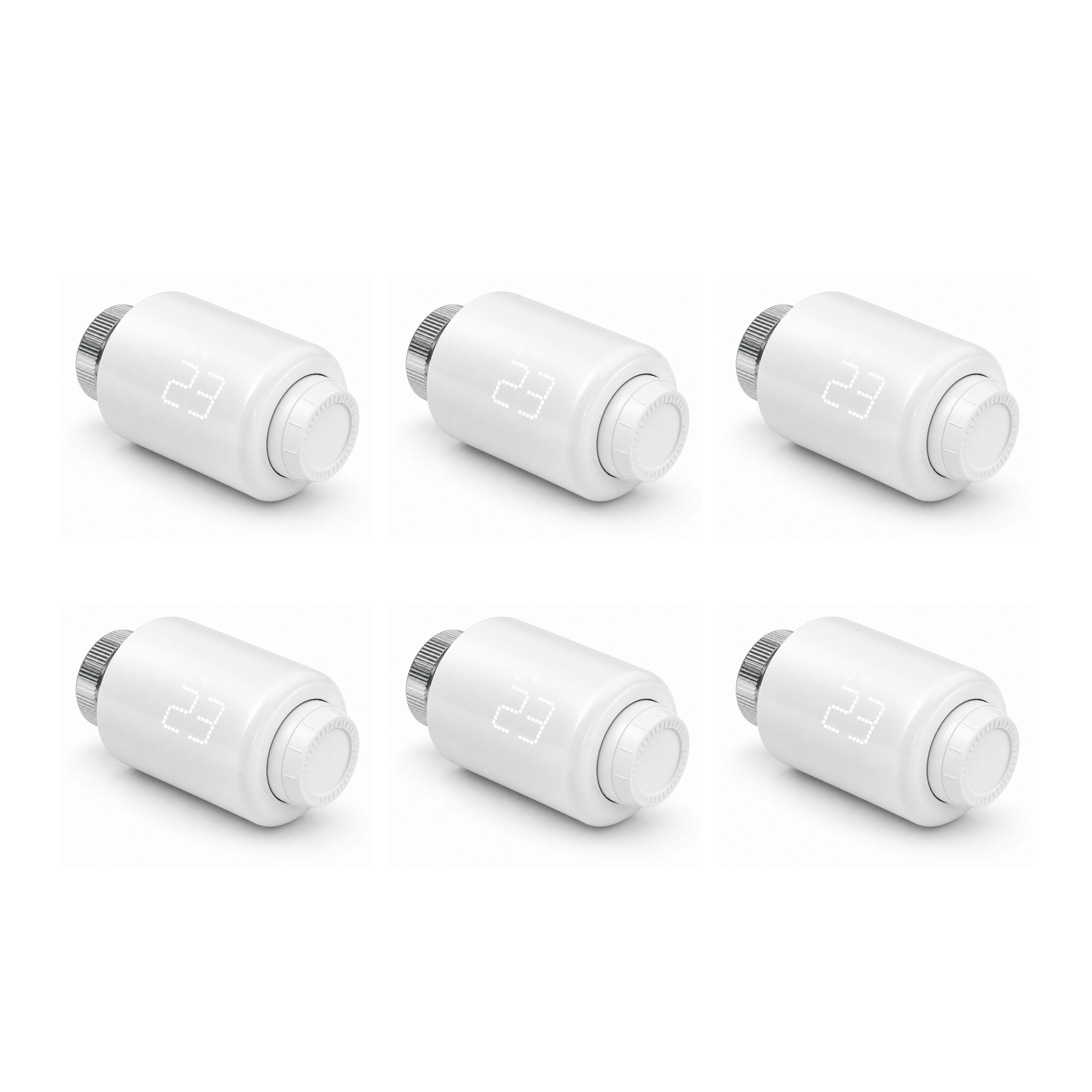 Pack de 6 vannes thermostatiques NéoForce Comfort blanc pur sur fond studio blanc