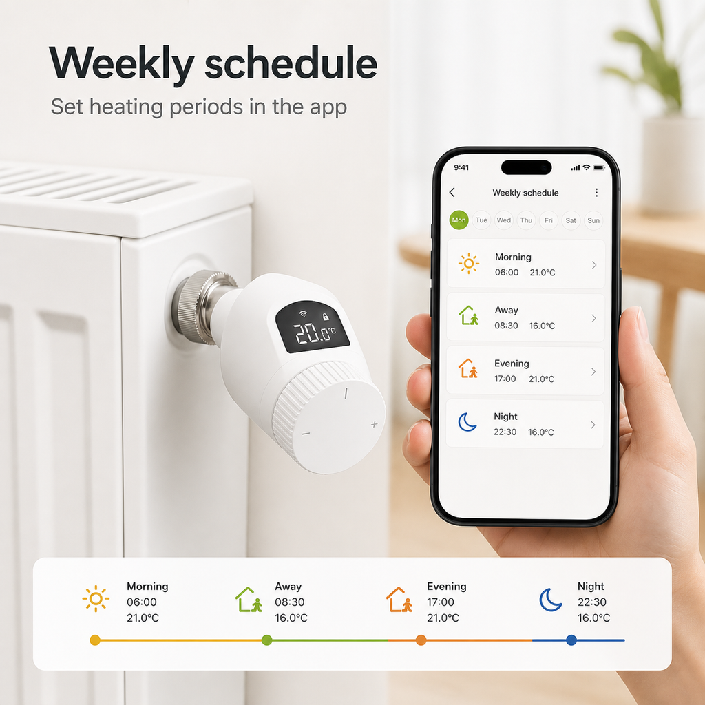 Weekly heating schedule app graphic for NéoForce thermostatic radiator valve