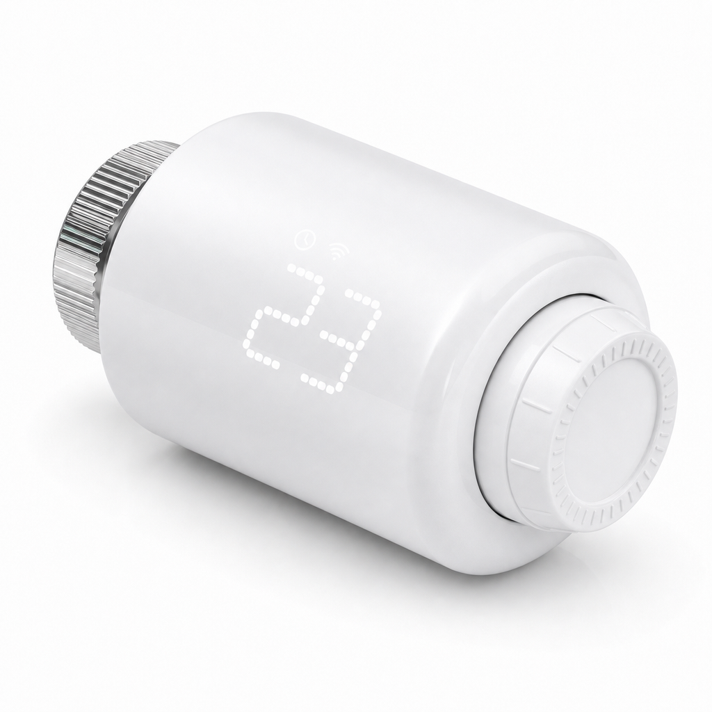White NéoForce thermostatic radiator valve angled view with LED display and ridged wheel