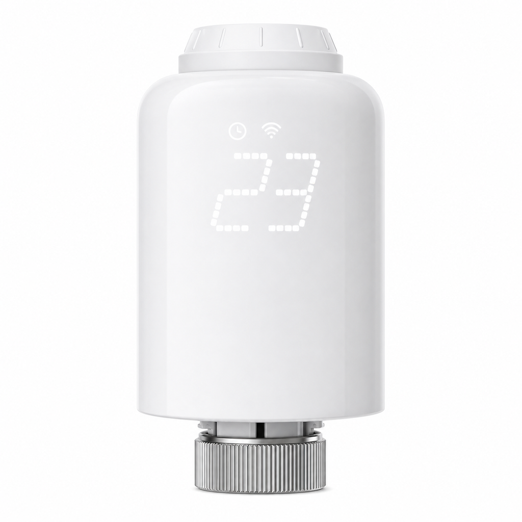 Front view of white NéoForce thermostatic radiator valve with LED display