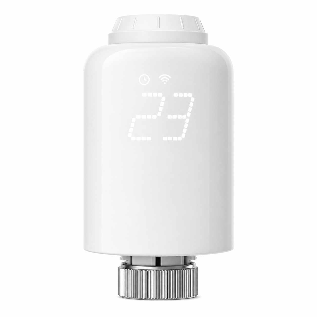 Front view of white NéoForce thermostatic radiator valve with LED display