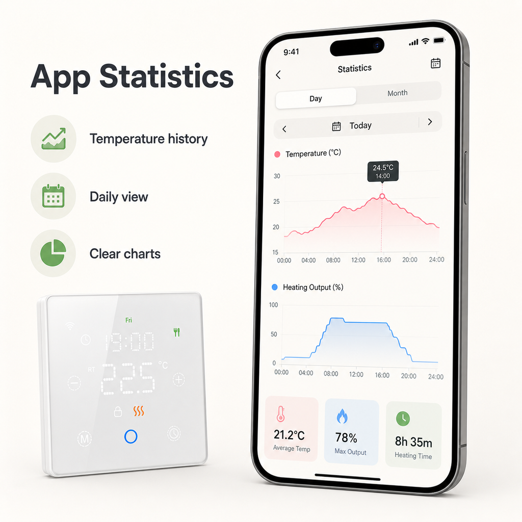 Statistiques de chauffage du thermostat NéoFree Comfort dans une application mobile générique.