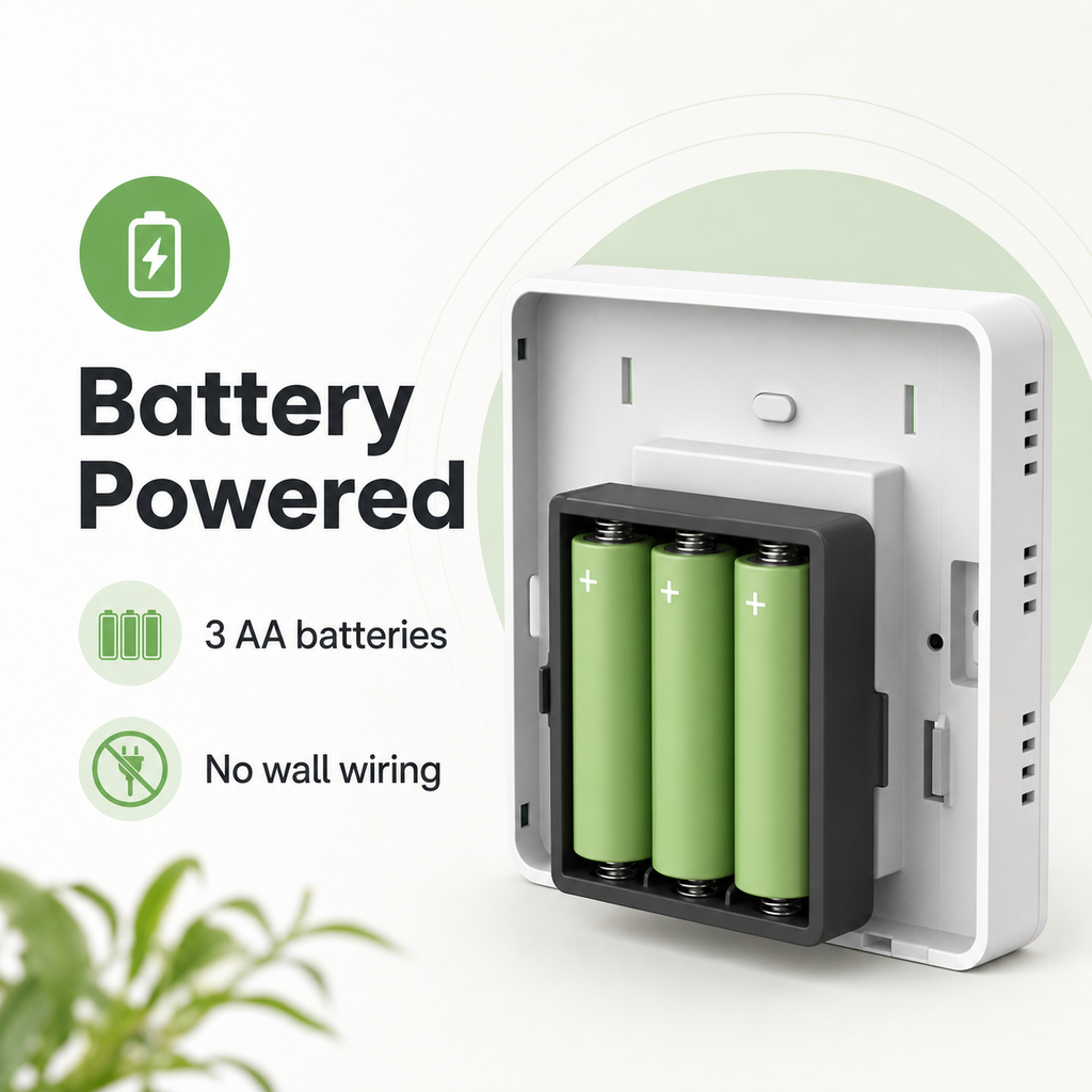Alimentation par trois piles AA du thermostat sans fil NéoFree Comfort avec compartiment batterie ouvert.