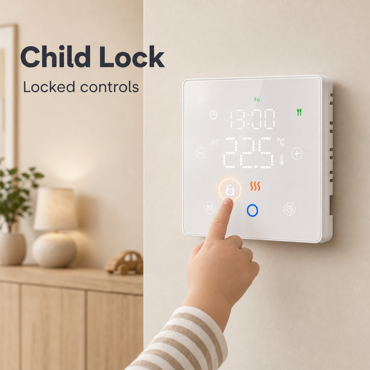 Fonction verrouillage enfant du thermostat sans fil NéoFree Comfort avec commandes verrouillées.