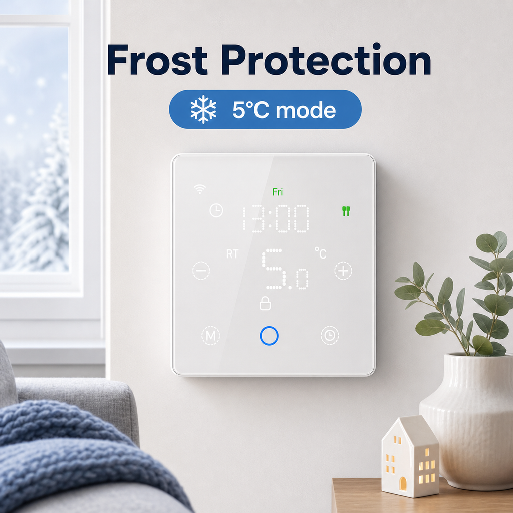 Mode anti-gel à 5 °C du thermostat sans fil NéoFree Comfort dans une scène intérieure sobre.