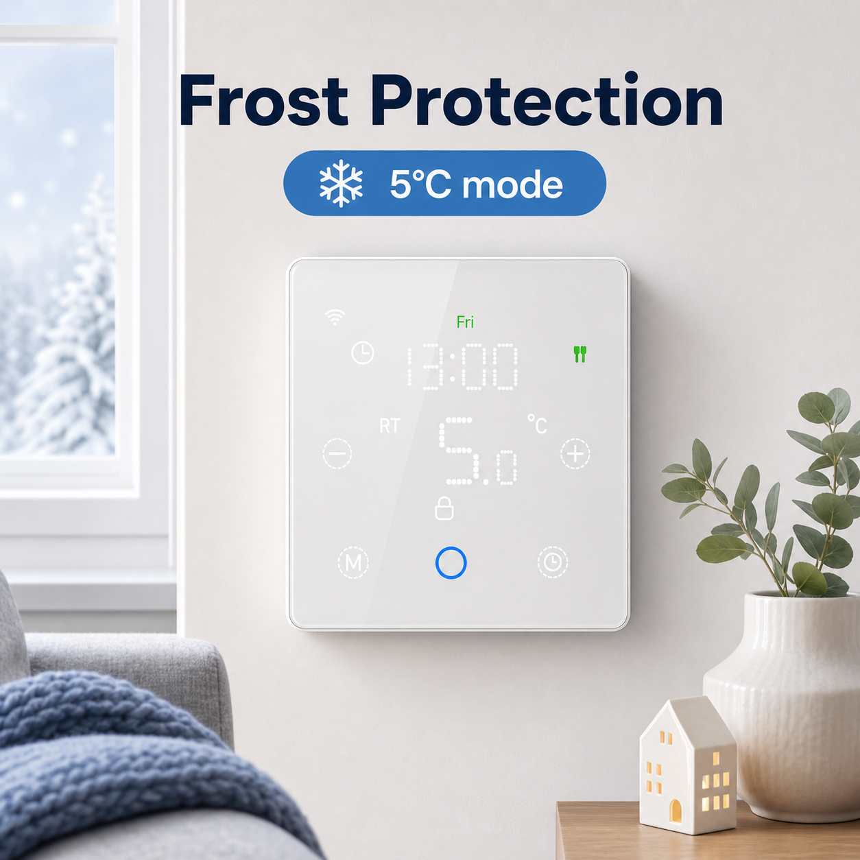 Mode anti-gel à 5 °C du thermostat sans fil NéoFree Comfort dans une scène intérieure sobre.