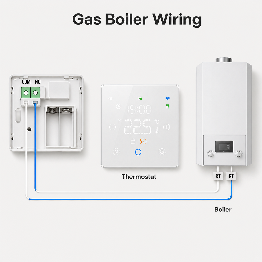Schéma de câblage du thermostat sans fil NéoFree Comfort pour chaudière gaz avec bornes COM, NO et RT.